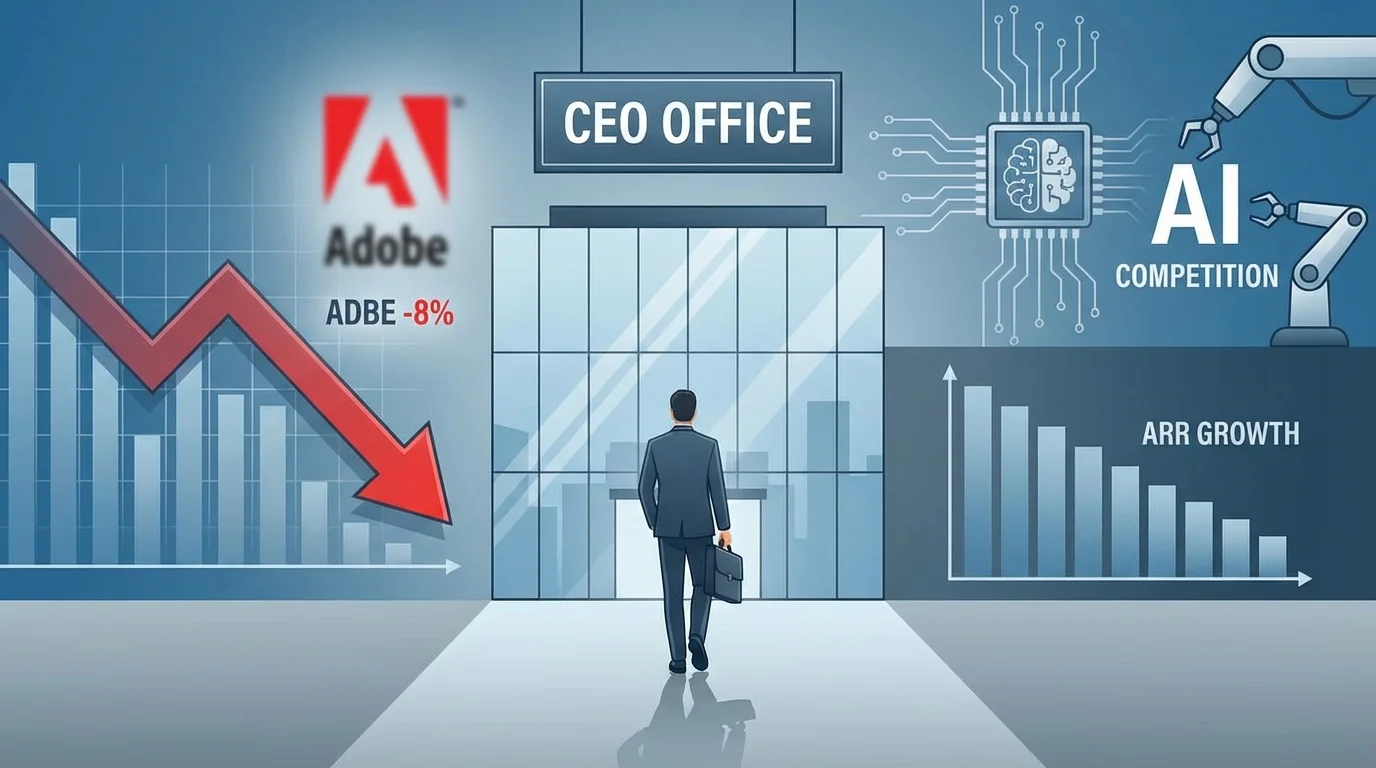 Adobe stock drop,ADBE earnings beat,Adobe Q1 2026,why ADBE falling,Adobe CEO exit,AI competition Adobe,Shantanu Narayen